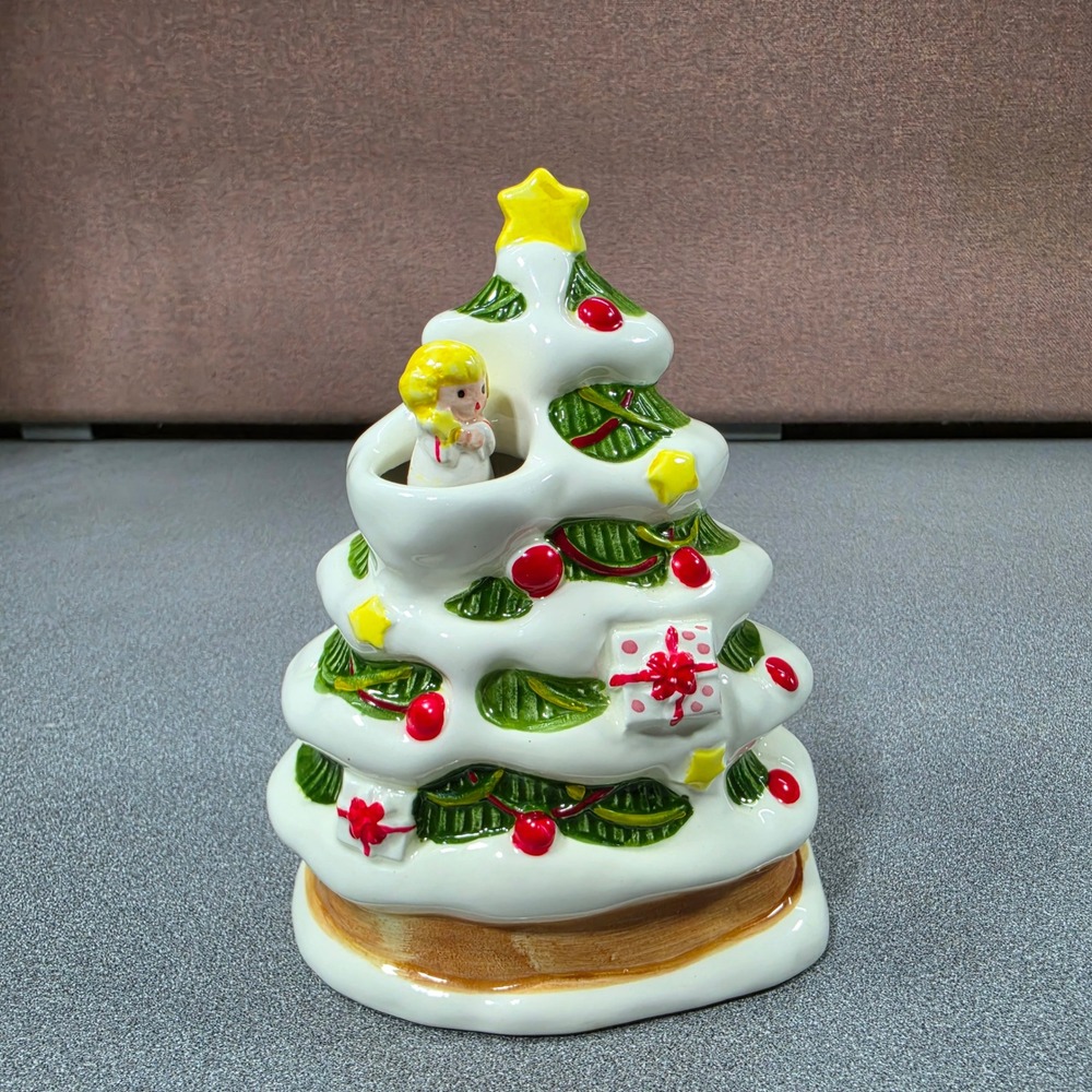 Takahashi Ceramic Christmas Tree Music Box O Tannenbaum Angel Vintage Japan‎ 6"